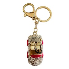 Gold-tone Pink Enameled Jeweled Car Keychain Ring Handbag Charm 4 3/4 Luxury