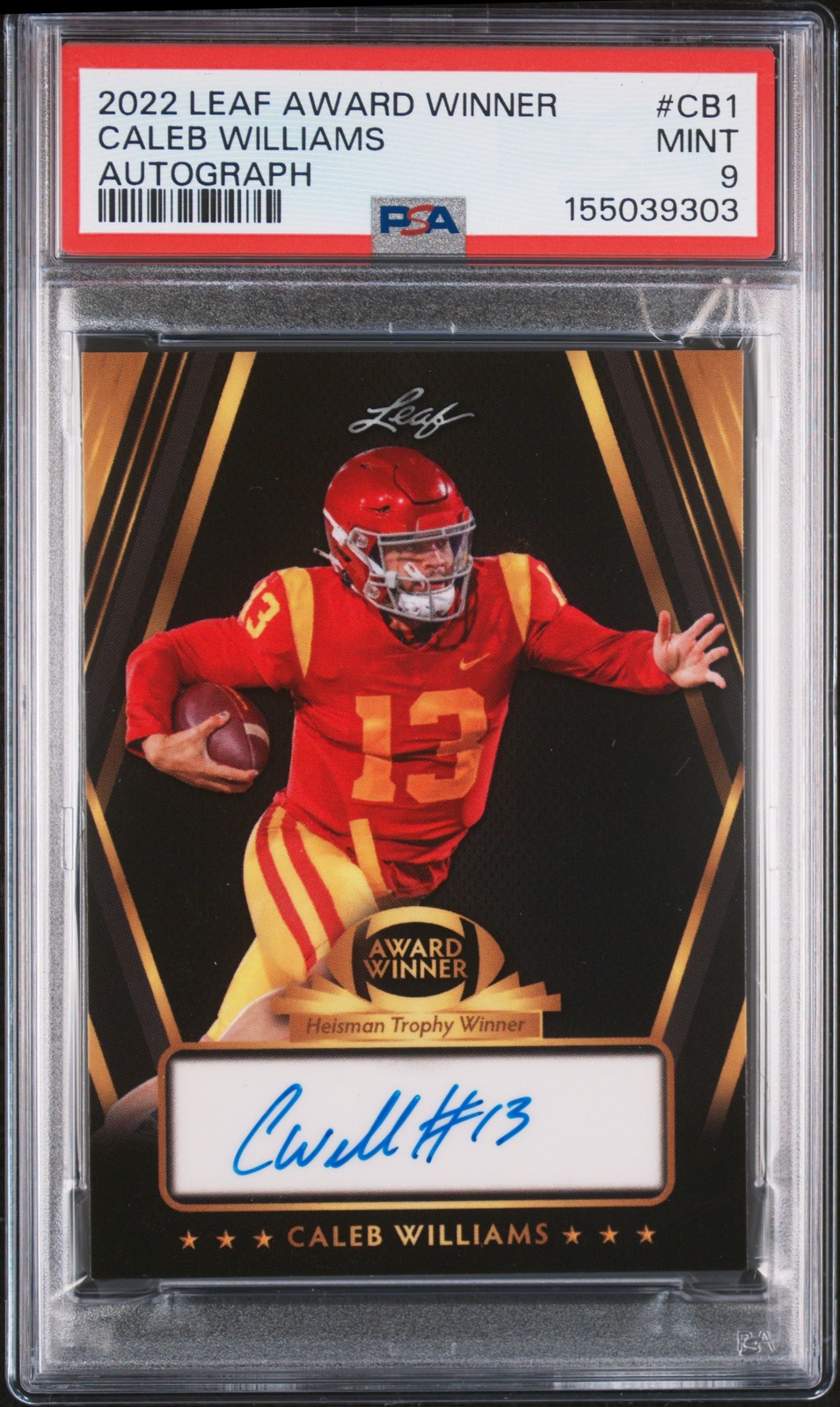 2022 LEAF AWARD WINNER AUTOS #CB1 CALEB WILLIAMS 225/238 PSA 9 AUTO view 1