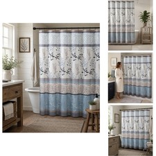 Serafina Home Blue Floral Fabric Shower Curtain Farmhouse Border Design Bath