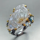 Carving 15ct flower Natural Labradorite Ring 925 Sterling Silver Size 7 /R467925