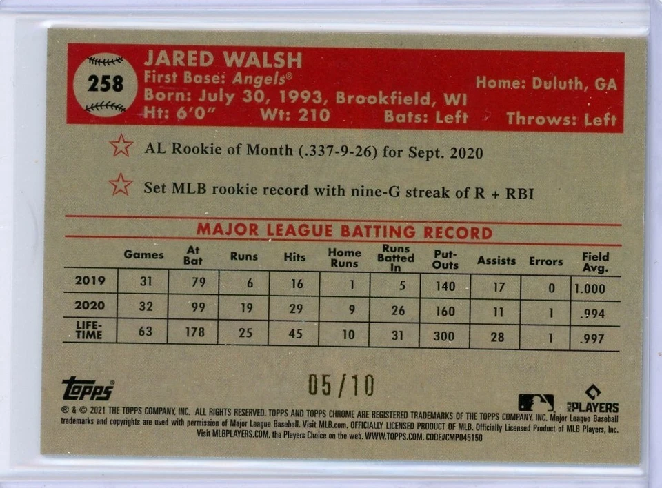 Jared Walsh 2021 Topps Chrome Platinum Anniversary 70th Anniversary gold 05/10 - Image 2 of 4