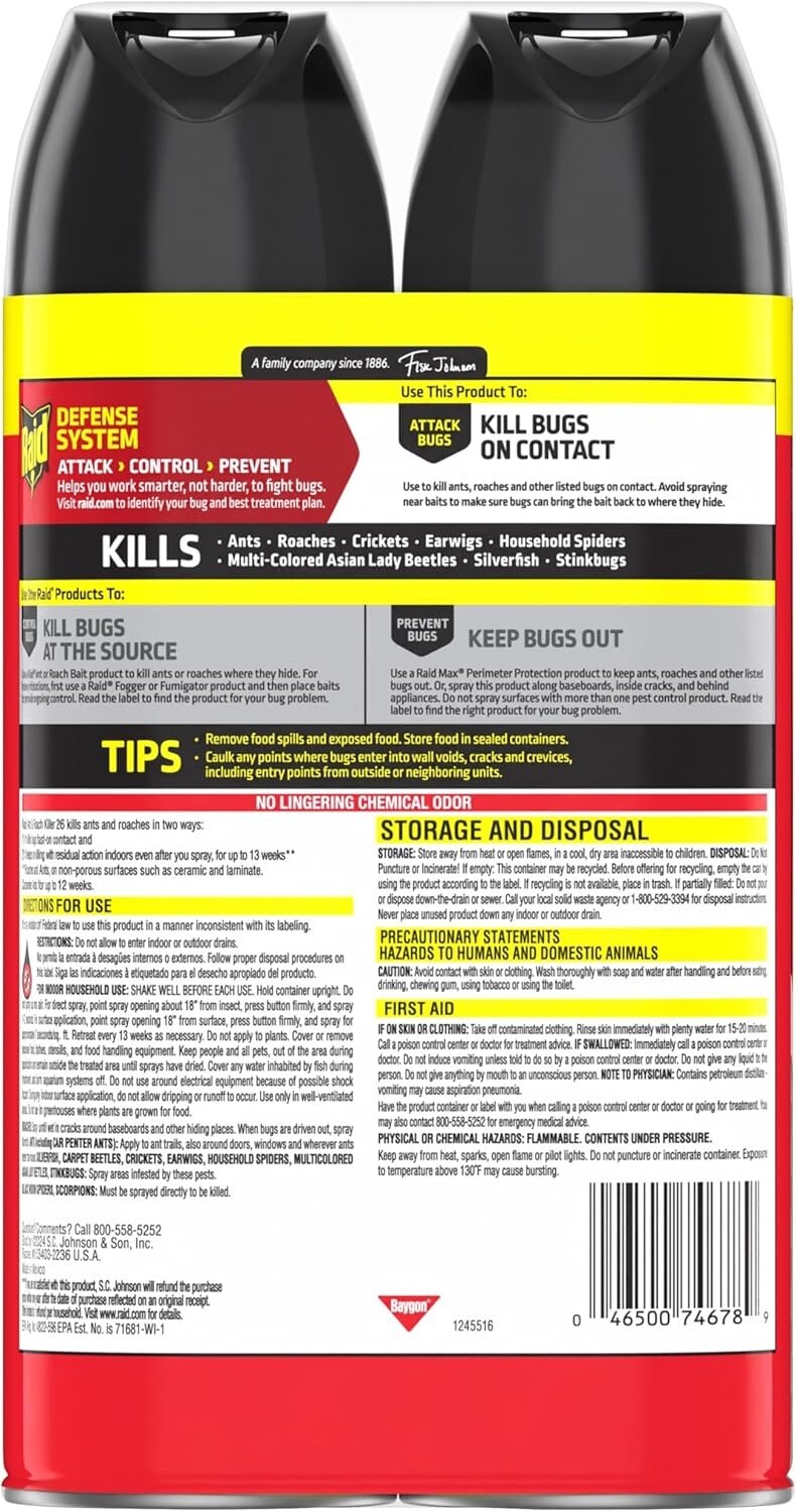 Raid® Ant & Roach Killer 26, Fragrance-Free Bug Spray, 17.5 fl. oz. 2 count. New