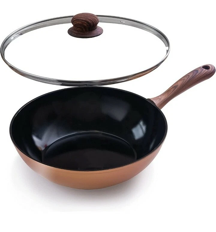 Nuovva 28 cm Induction Non Stick Wok Pan with Glass Lid