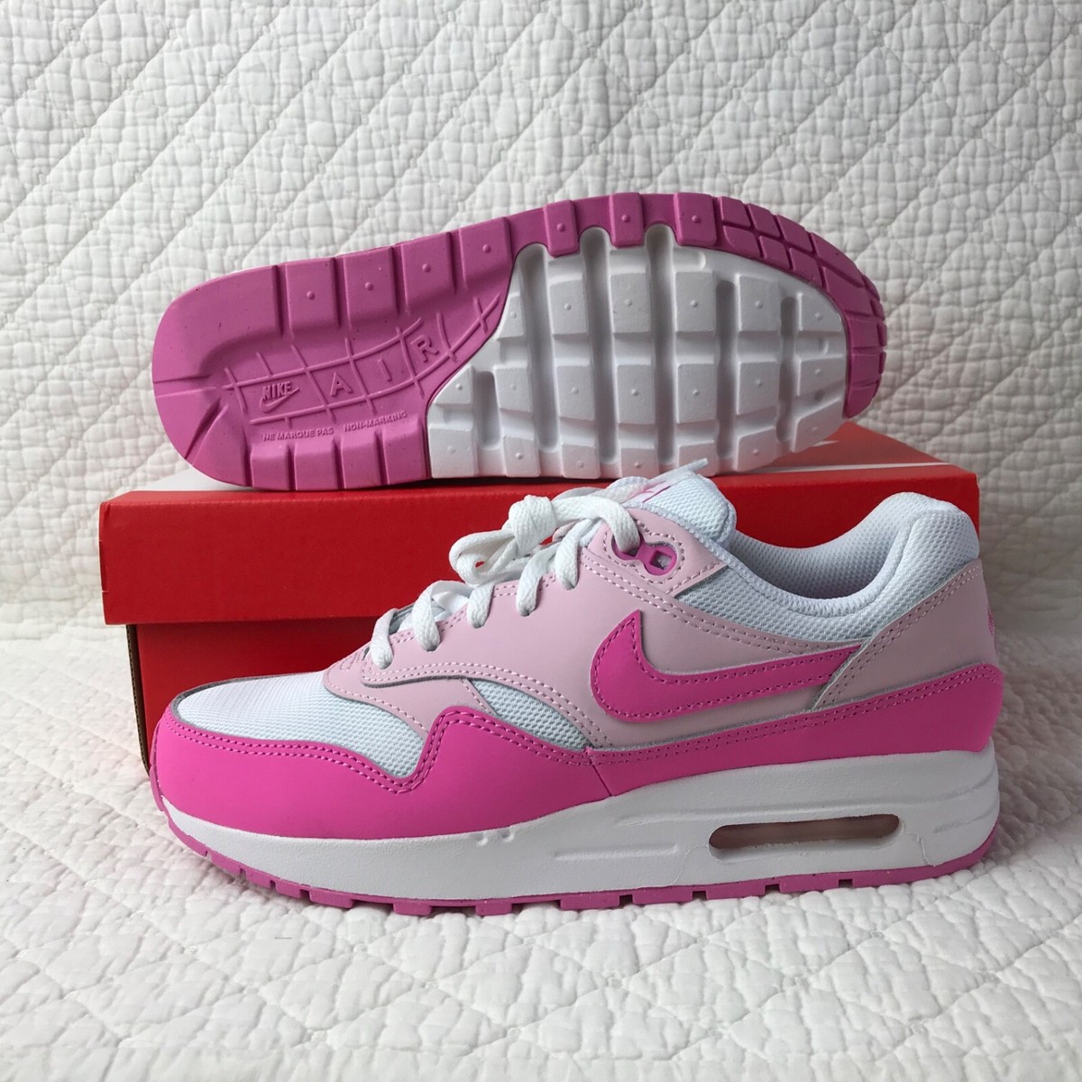 Nike Air Max 1 (GS) Shoes Youth Kid's SZ 6Y White/Playful Pink