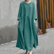 Womens Long Sleeve retro Dress Casual Loose Ladies Kaftan Dress Plus Size