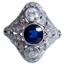 Edwardian Gorgeous Old European Cut Blue Sapphire  White CZ 2.43TCW Womens Ring