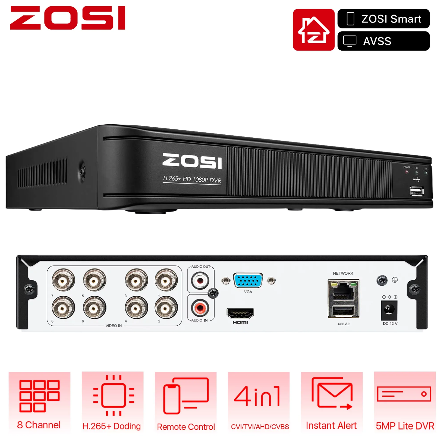 ZOSI 4-in1 1080p Security Surveillance CCTV DVR Recorder 8 Channel No Hard Drive