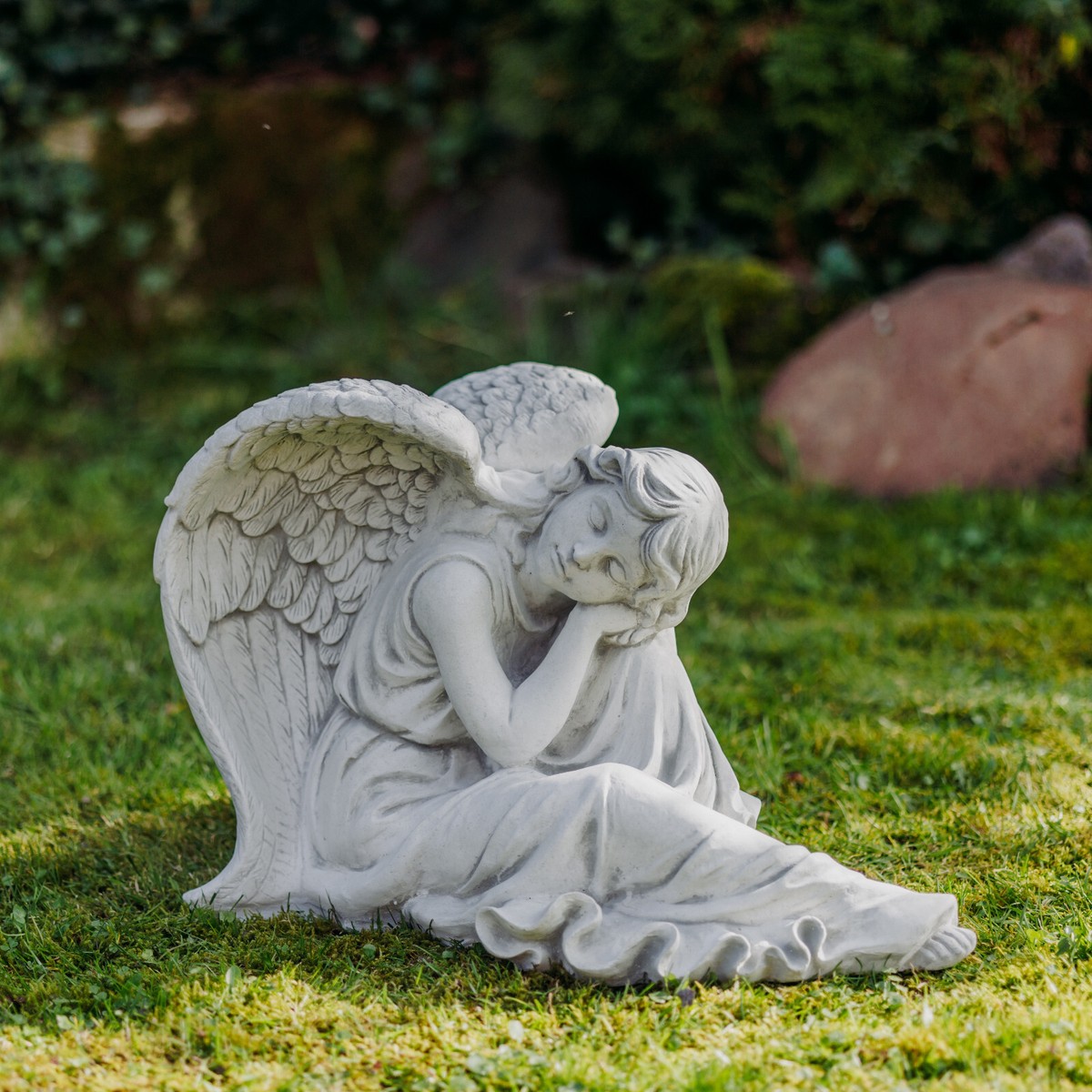 Engel Figur Mit Teddy Aus Steinguss – Gartenfigur Für Draußen, Frostsicher (34 Cm Hoch, 13 Kg)