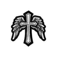 Gothic Cross with Wings Embroidered Iron-On Patch Angelic Christian Badge