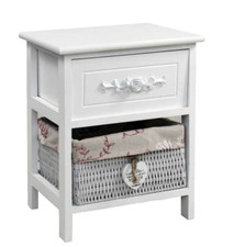 COMODINO CUORE PENDENTE 2 CASSETTI DECO LEGNO BIANCA CESTA VIMINI 44*36*25 cm