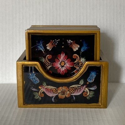 BADASH Reverse Painting On Glass 6pcs Floral Coaster Eglomisé Hand Made Folkart