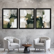 Neutral Wall Art Set Of 3 Prints Modern Abstract Artwork Olive Green Grey White 