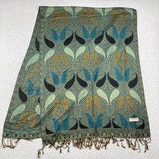 Pashmina Scarf Wrap Womens OS Teal Gold Paisley Silk Blend Fringe Shawl