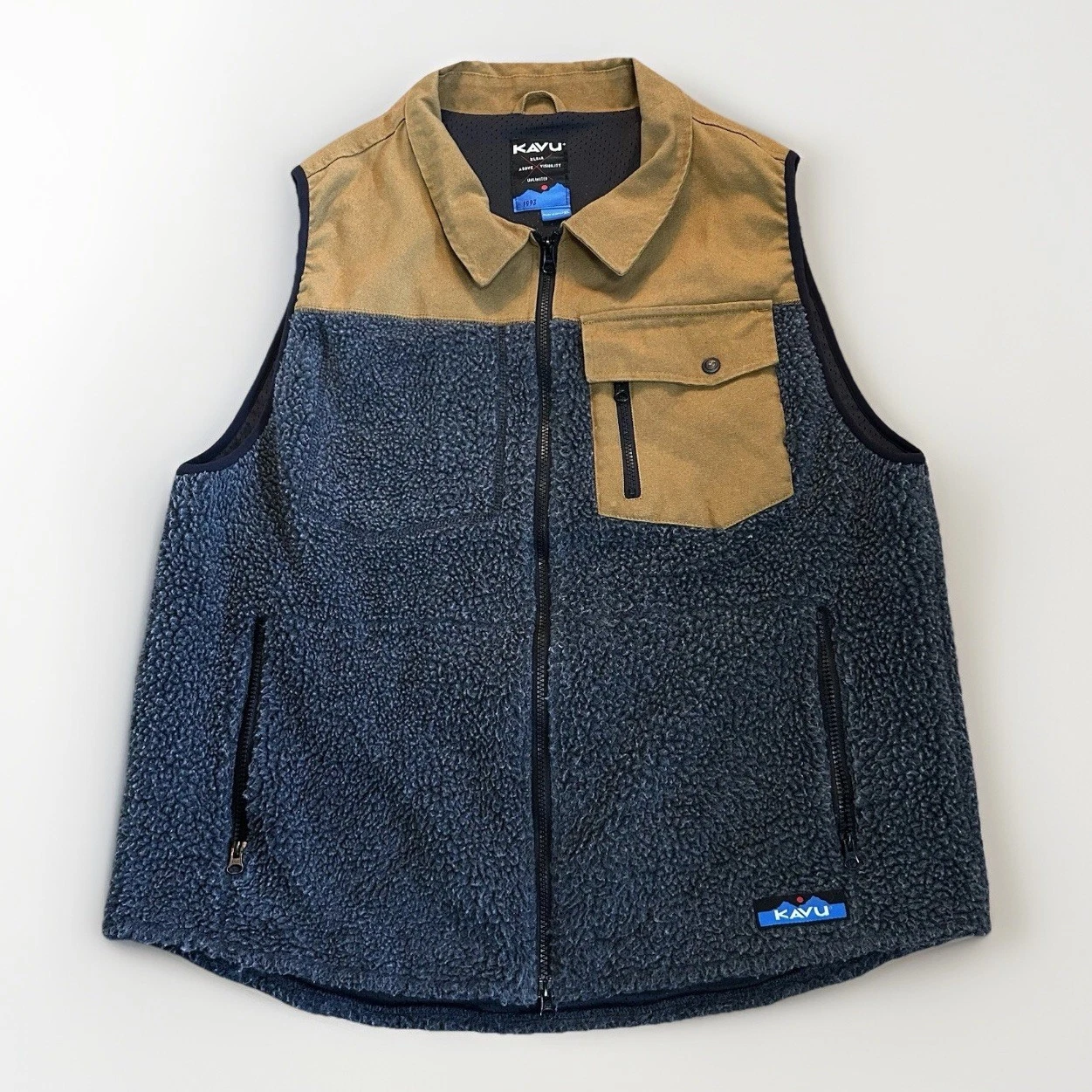 Kavu Vest Mens XL Gray Brown Fleece Canvas Zip Up Outerwear Sherpa