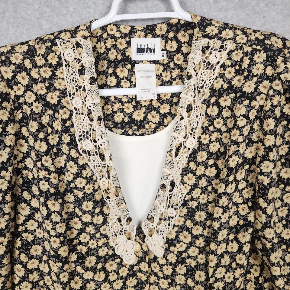 Vintage Leslie Fay Dress Womens 18 Floral Lace Collar Button Down 90s Made USA - Image 4 of 4