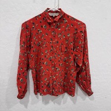 Vintage Christian Dior Silk Blouse Womens Small Red Abstract Geometric Pattern