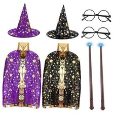2 Sets Witch Cape Wizard Hat Wand Glasses Halloween Black, Purple