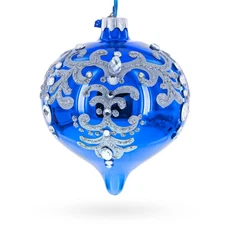 Blue Jeweled Silver Scroll Onion-Shape Finial Glass Ornament