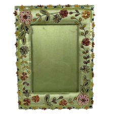 Ornate Beaded Picture Photo Frame Green Satin Fabric Sequins Floral Boho