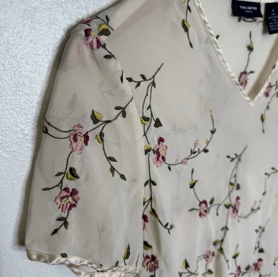 Camisa femenina bordada floral mediana top transparente The Limited años 90 Y2K para mujer Foto 2 de 4