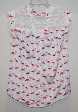 Pleione women's blouse Size Medium white flamingos sleeveless lace yoke