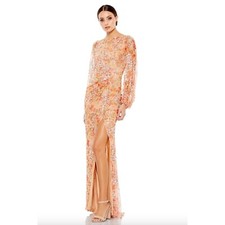 MAC DUGGAL Floral Print Bishop Sequin Apricot Maxi Dress Size 16