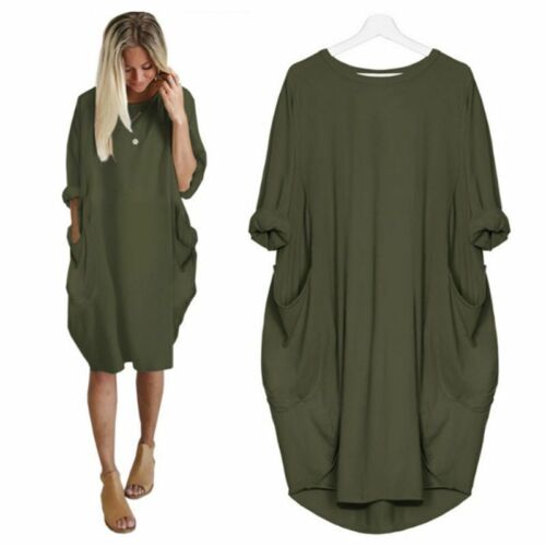 New Womens Casual Oversized Long Sleeve Dress Ladies Pockets Baggy T-Shirt Tops - Picture 18 of 33