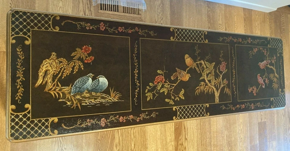 Mesa Consola Henredon Asiática Lacada Pájaros en Árboles Diseño Chinoiserie  Foto 3 de 4