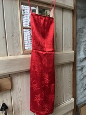 Red Satin Mini Dress- Backless Dress- Oriental Pattern- Size 12- PLT