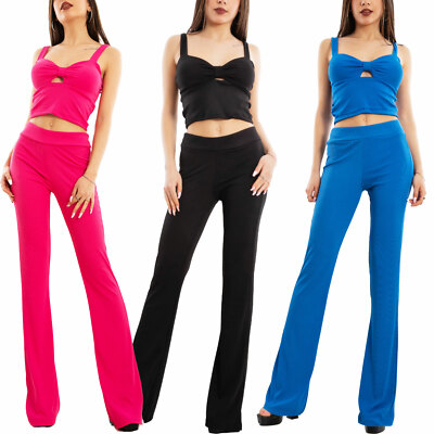 TOOCOOL VI-8863 Women's Ribs Slim Fit Crop Top Pants Flare Paw Suit