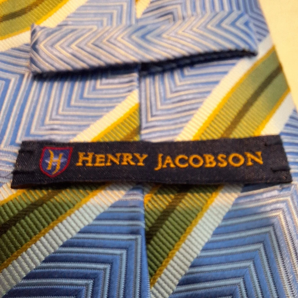Henry Jacobson Men's Neck Tie Blue And Green Striped 100% Silk Handmade - Image 2 of 4