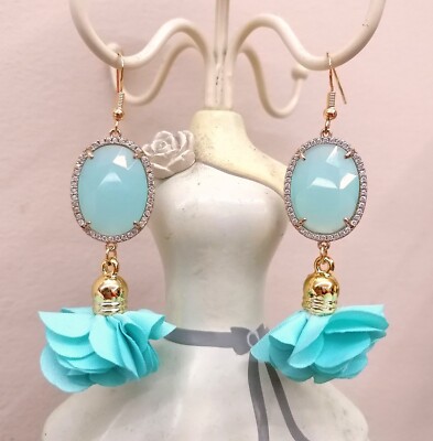 Ohrringe Silber 925 Cabochon Kristall und Blume Wassergrün