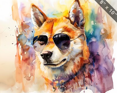 Shiba Inu with a gangster vibe and sunglasses watercolor 8x10 Print
