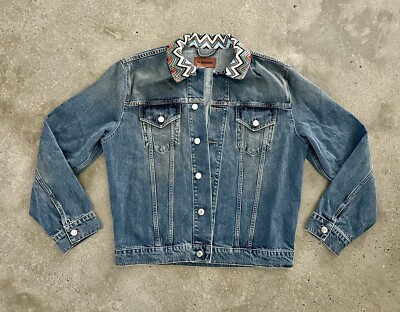 $1390 Mens MISSONI Chevron Knit Collar Denim Jean Jacket Washed