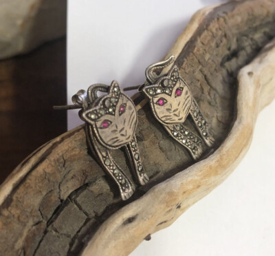 Süße 925 Sterling Silber KATZE Rubin Augen Markasiten Ohrstecker Gelenk Ohrringe 6,8 g