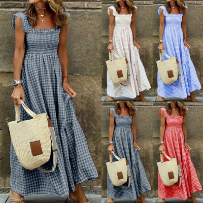 Women Sleeveless Square Neck Check Long Maxi Dress Ladies Holiday Beach Dresses