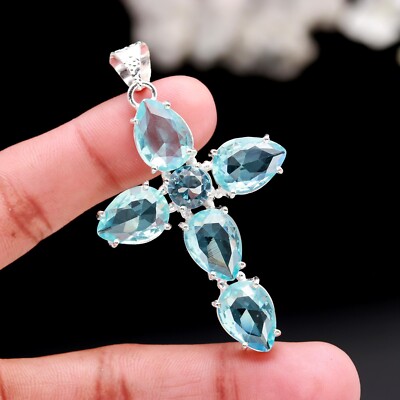 Blue Topaz Gemstone 925 Sterling Silver Handmade Jewelry Cross Pendant For Her
