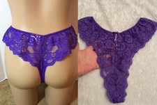 Vtg VICTORIA'S SECRET Sheer FLORAL LACE THONG Panties CROWN LABEL Keyhole Bows