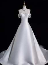 White Ivory Off the Shoulder Wedding Dresses A Line Satin Boho Beach Dress