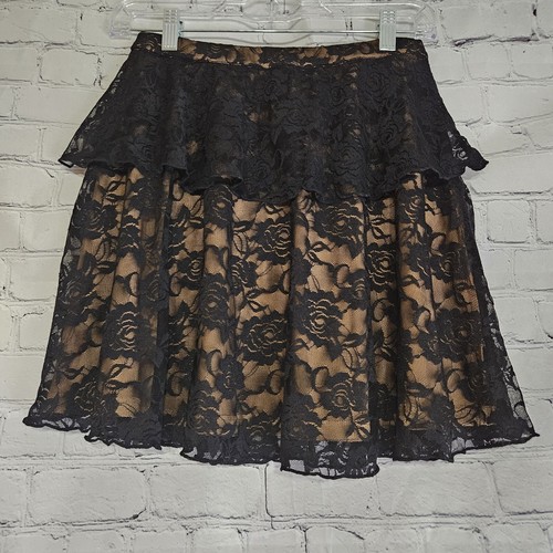 NWOT Majorella Women's Black Floral Lace Fully Lined Elastic Waist Skirt Sz SM