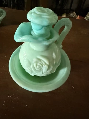 Vintage Beauty Avon Blue Milk Glass Pitcher Vase Bottle Roses w/ Dish 4”