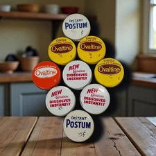 Lot of 9 Vintage Ovaltine Carnation Postum Milk Jar Lids Tin Caps Yellow White