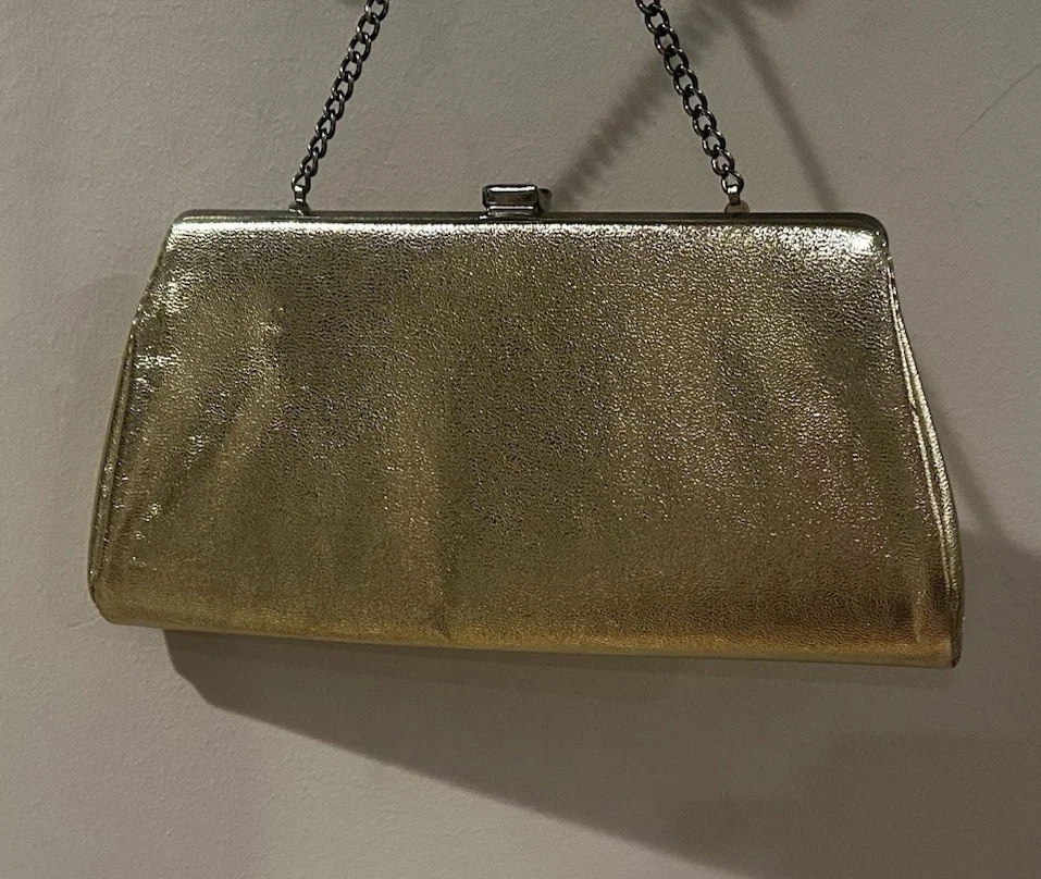 复古金色晚装包人造皮革手拿包钱包带链条带 10.5 英寸 — 第 2/4 张图片