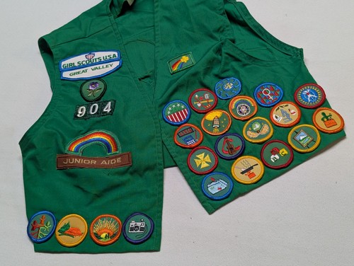 Vintage 90's Girl Scouts USA size 14 green vest loaded with patches, made in USA