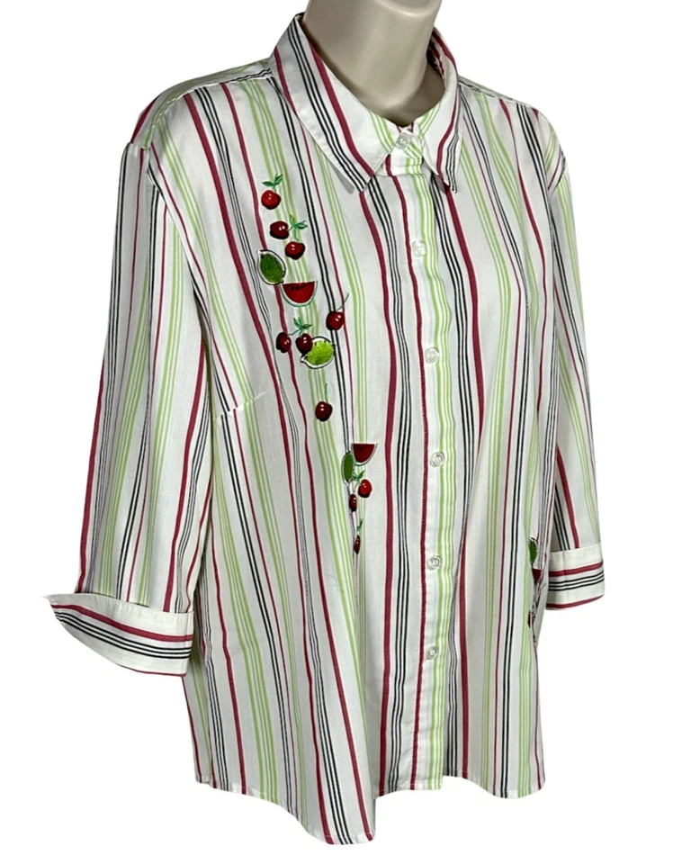 Top Breckenridge para mujer bordado mangas 3/4 verde rosa abotonado talla XL Foto 2 de 4