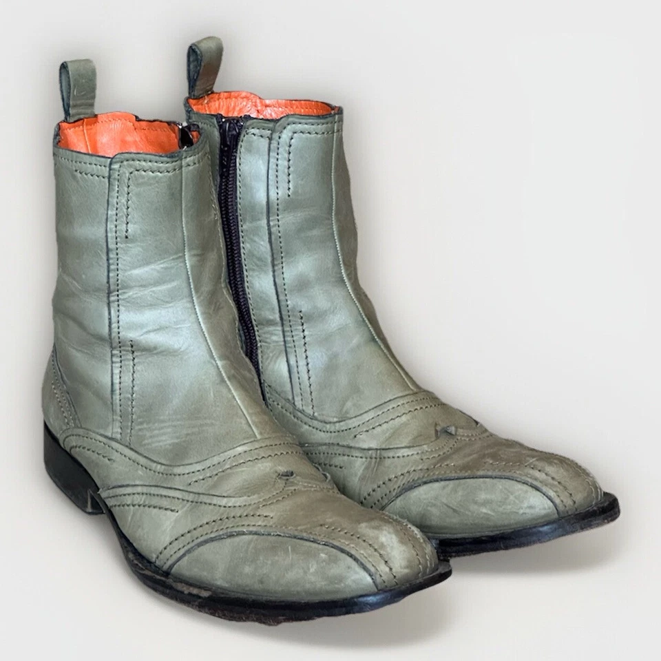 Vintage Kenzo Olive Green Leather Ankle Boots Wingtip Pointed Toe Sz 8W/6.5M - Image 2 of 4