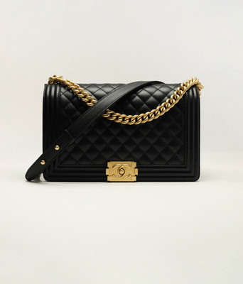 CHANEL Boy Bag Purse,  Large Quilted Black Leather with Gold Tone hardware