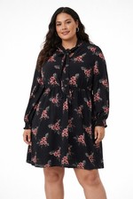 LOFT Size Large L Black Floral Bouquet Tie Neck Mini Dress Babydoll NWT