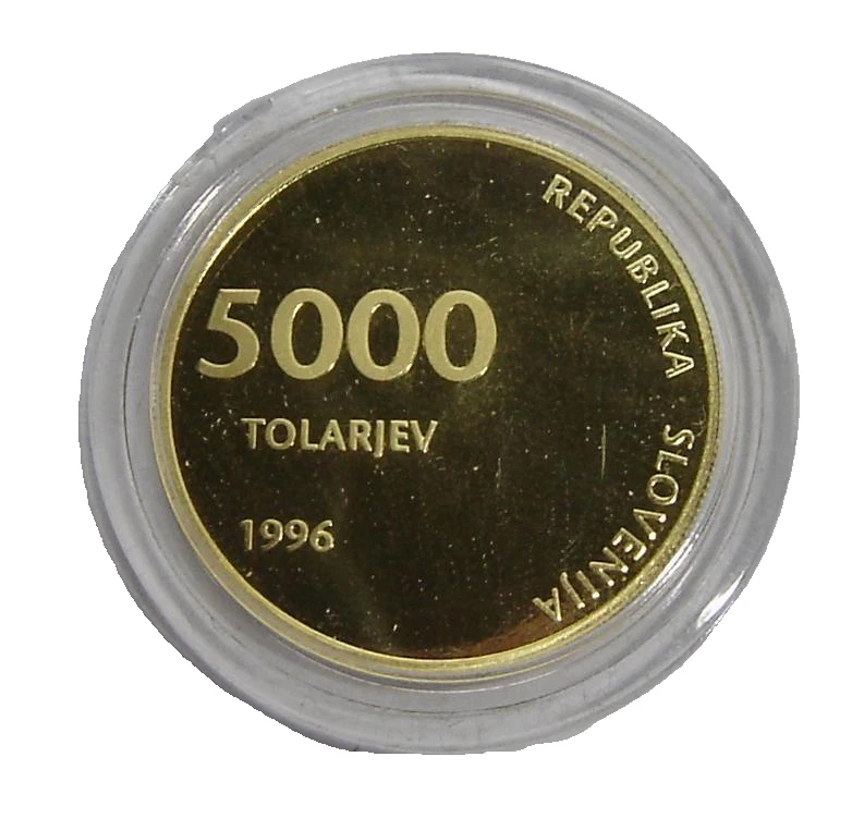 Moneda de oro Eslovenia 1996 5000 Tolarjev, KM# 35 - PRUEBA - CAJA CERTIFICADO DE AUTENTICIDAD, RARA Foto 2 de 4