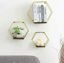 Brass Tone Metal Wire & Burnt Wood Hexagon Wall Mount Storage Shelves (Set Of 3)